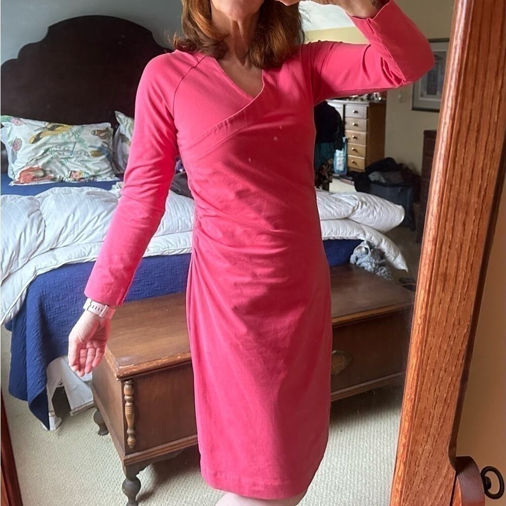 Soft Surroundings Salmon Pink Faux Wrap Ruched Dress Long Sleeve sz S Midi